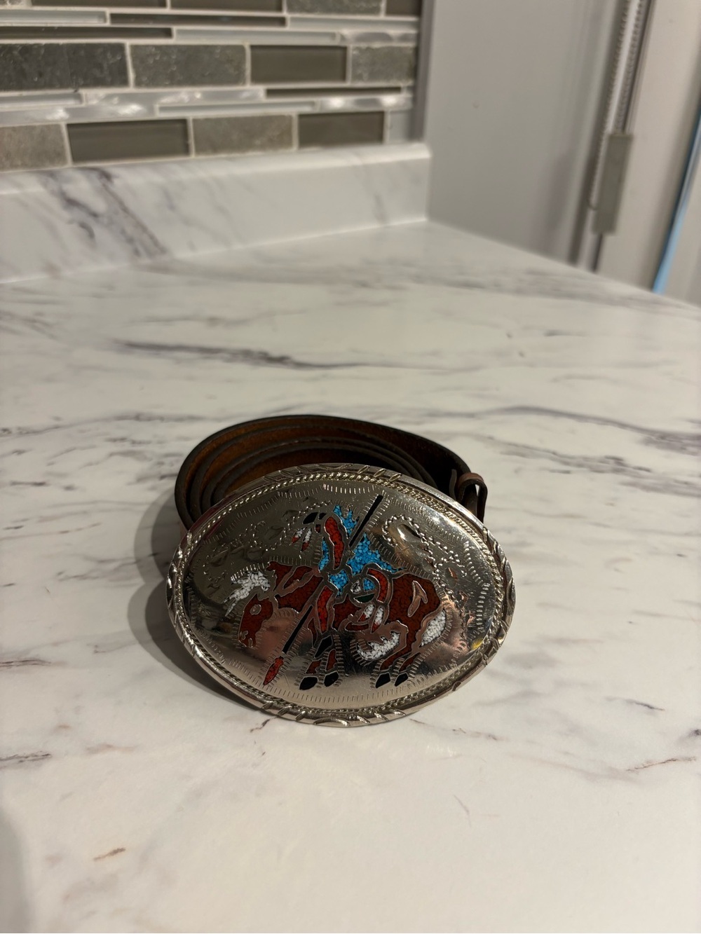 Vintage Native Belt Buckle with leather belt Turquoise stone chips southwestern - Picture 3 of 15